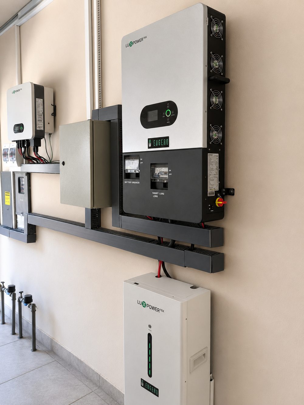 Inversor híbrido e baterias instalados em padaria